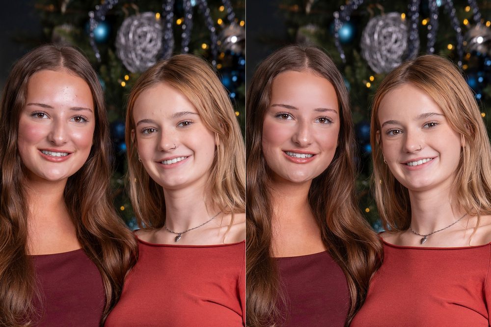 a retouched portrait beside the original