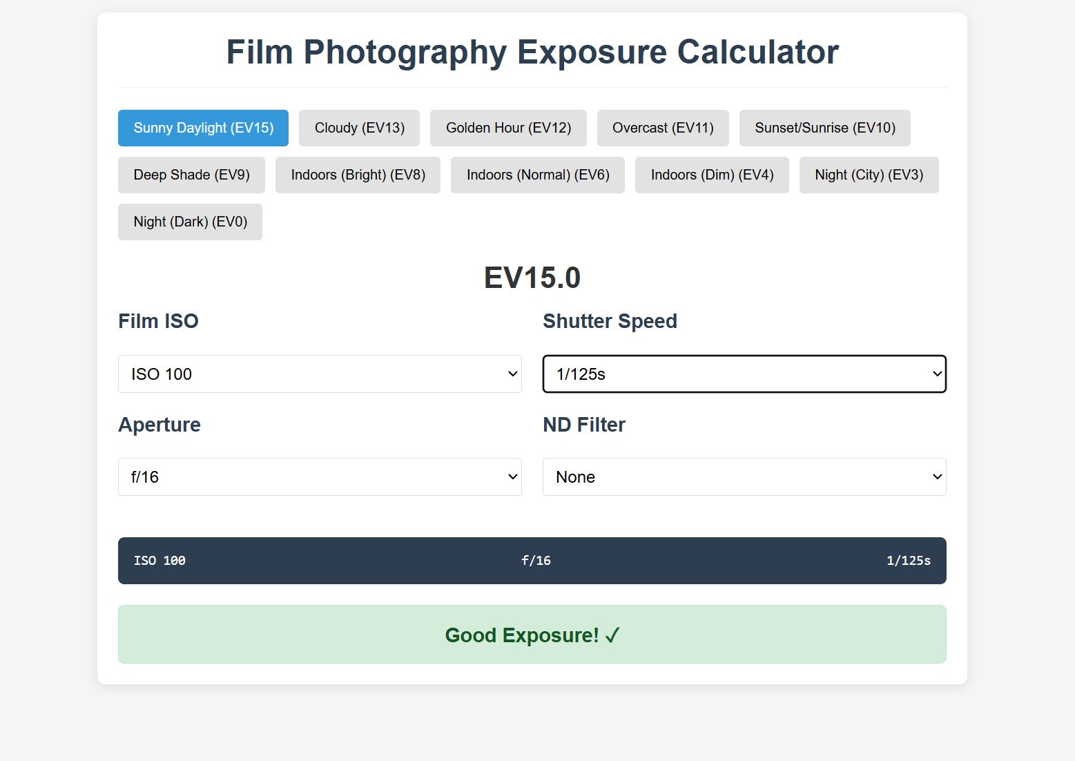 Film Photography Exposure Calculator